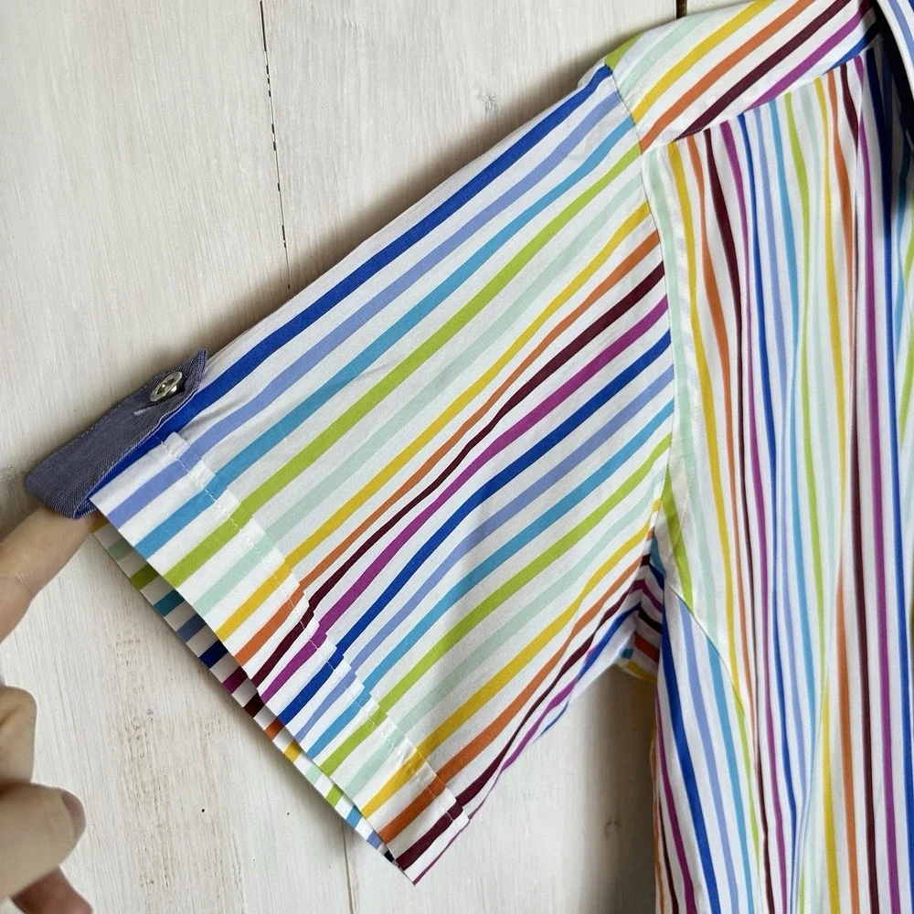 Jared Lang Short Sleeve Large Rainbow Striped Button Up 100%  Luxury Cotton Sz L - Picture 2 of 9